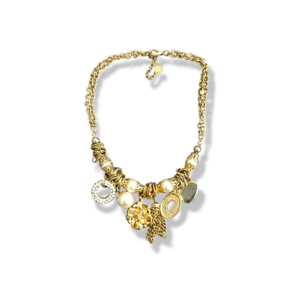 Bebe | EUC Gorgeous Gold Tone Faux Pearl Bling Charms Statement Necklace - Picture 4 of 8